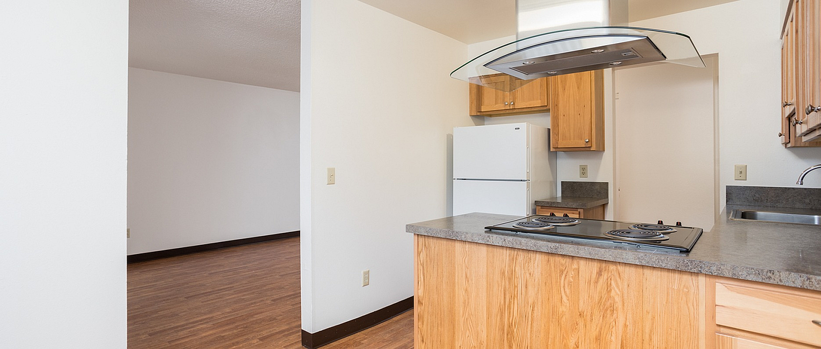 Contemporary kitchen space with sleek cooktop, wooden cabinetry, and spacious countertops, leading to a warm, inviting living area with elegant flooring.
