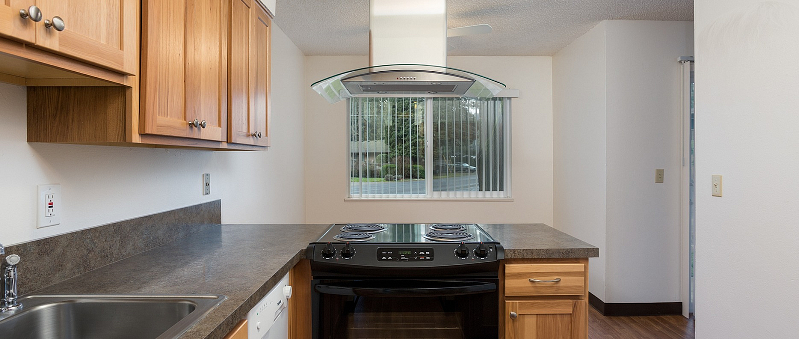 Bright kitchen featuring wood cabinets, modern appliances, and a sleek range hood under natural light from a large window.