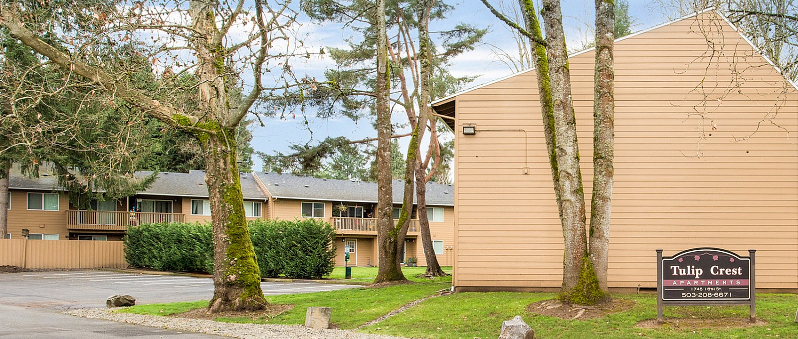 Charming Tulip Crest Apartments surrounded by lush greenery and tranquil trees, offering peaceful living in a welcoming community.