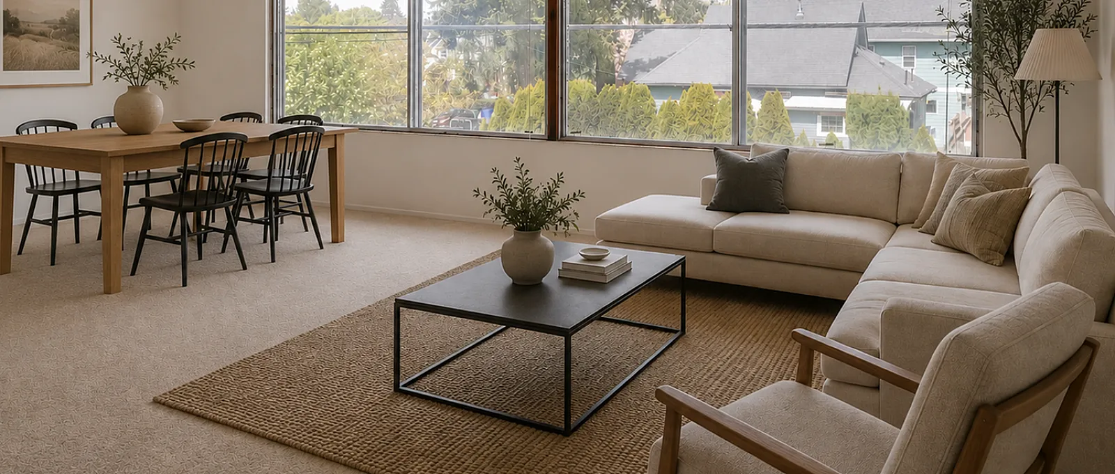 Bright and inviting living room featuring a spacious sectional sofa, large windows with lush green views, and a chic dining area with a wooden table and stylish chairs.
