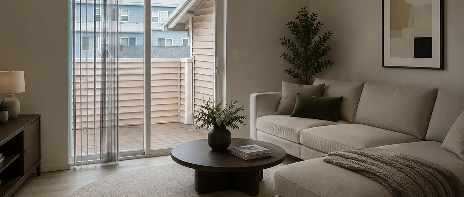 Elegant living room with a cozy sectional sofa, modern coffee table, and a large window that opens to a charming patio view, enhanced by natural light.