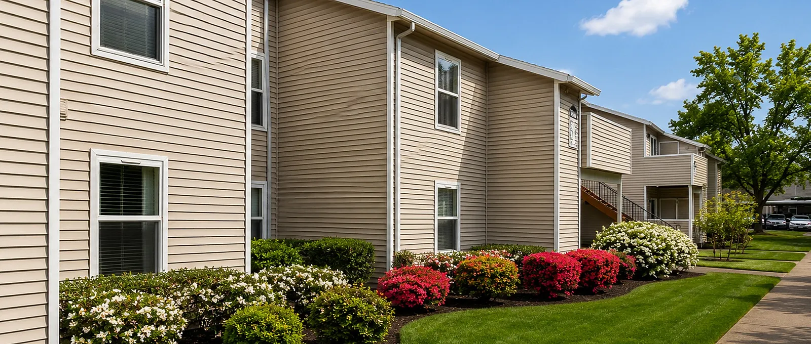 Beautiful modern apartment building with well-maintained gardens and vibrant flower beds under a clear blue sky.