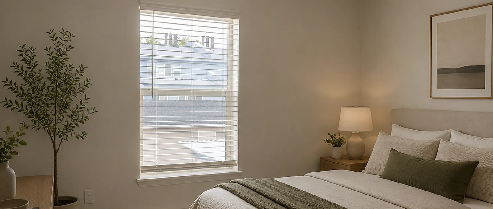 Inviting bedroom featuring a cozy bed with plush pillows, stylish lamp, and serene decor, complemented by a soft carpet and leafy plant under natural light.