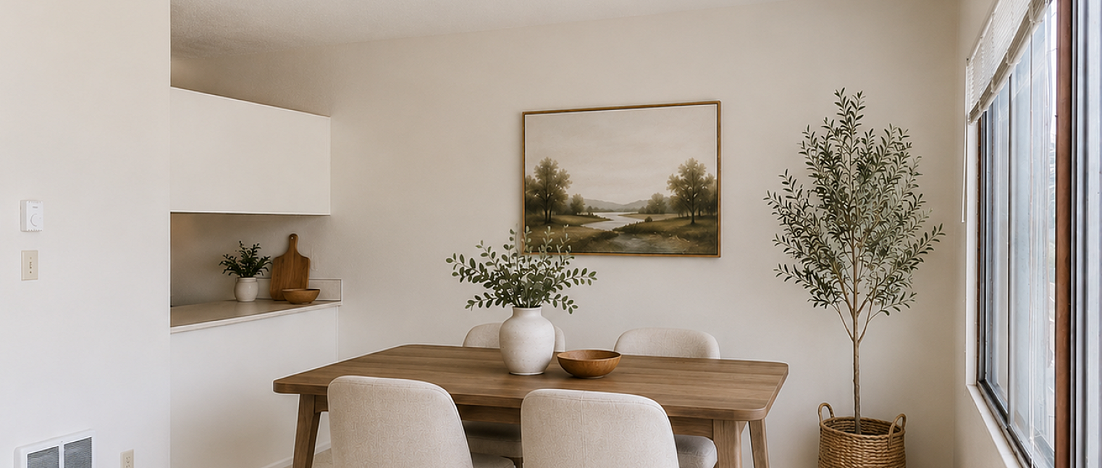 Inviting dining area with natural light, featuring a wooden table, plush chairs, and chic greenery.