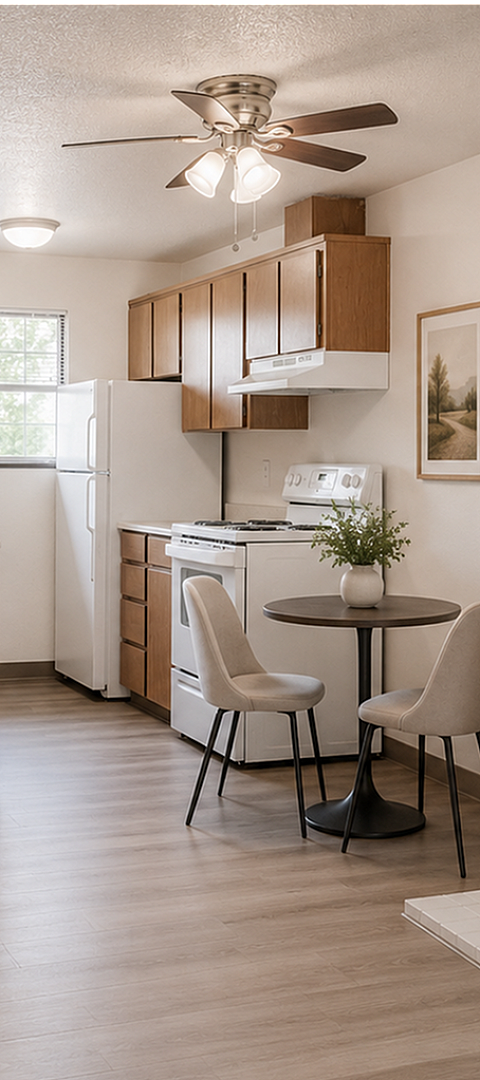 Chic apartment interior featuring a cozy kitchen with wooden cabinets, a stylish dining nook, and a charming white-brick fireplace.