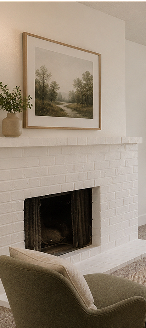 Charming living room with a cozy fireplace, elegant neutral tones, and abundant natural light from a large window, creating a warm and inviting atmosphere.