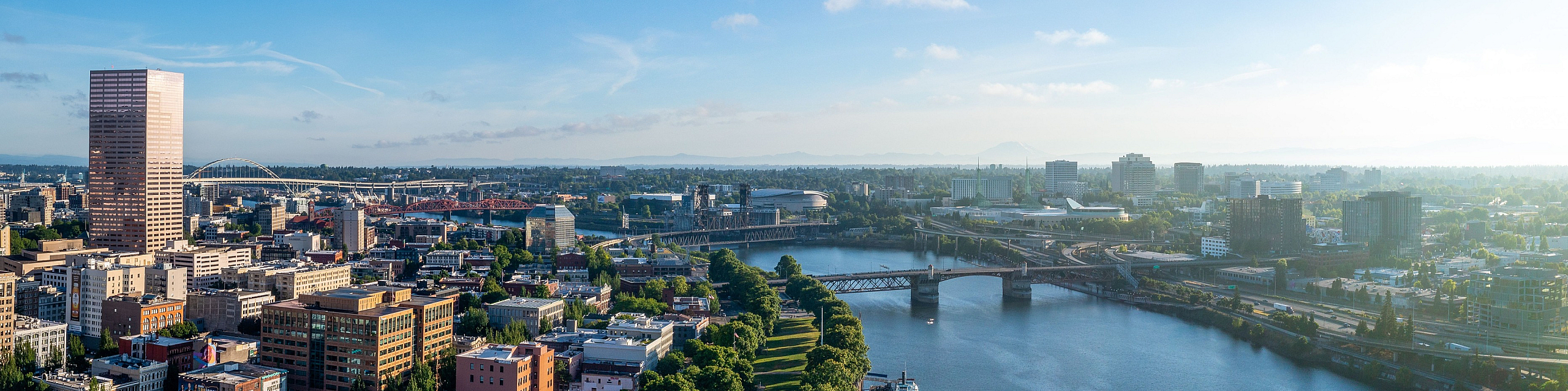 Stunning aerial view of a vibrant cityscape featuring a river, bridges, lush green spaces, and modern buildings under a clear blue sky.