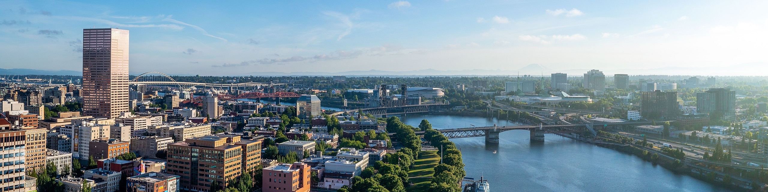 Breathtaking aerial view of a vibrant cityscape with a lush green riverside, iconic bridge, and modern architecture under a clear blue sky.