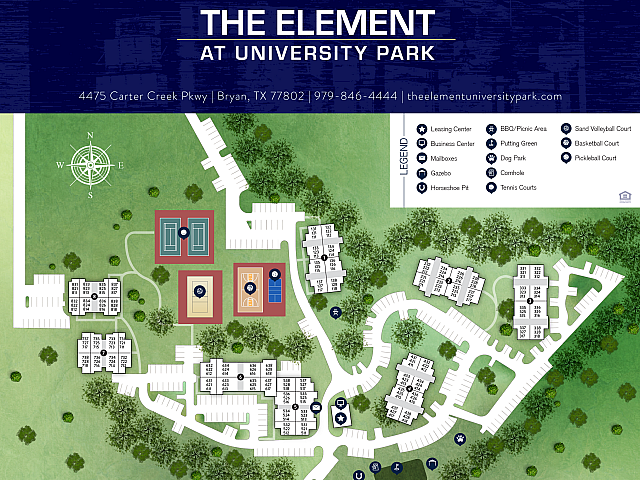 Inviting community map of The Element at University Park in Bryan, Texas, showcasing modern amenities like tennis courts, basketball court, dog park, and BBQ area set amidst lush greenery.