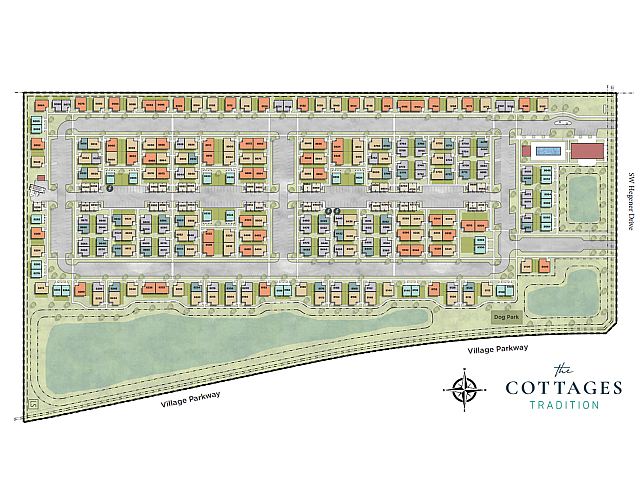 Inviting neighborhood map of The Cottages at Tradition showcasing a vibrant layout with colorful homes, tranquil park areas, and community amenities like a dog park and swimming pool.