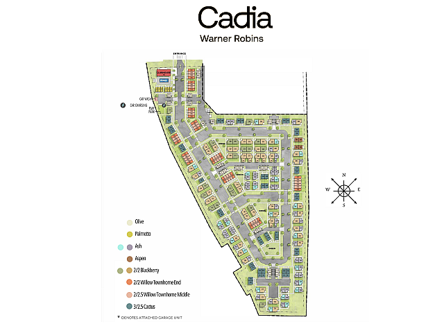 Vibrant community map of Cadia Warner Robins featuring diverse townhome layouts, clubhouse, pool, and green spaces for a modern lifestyle.