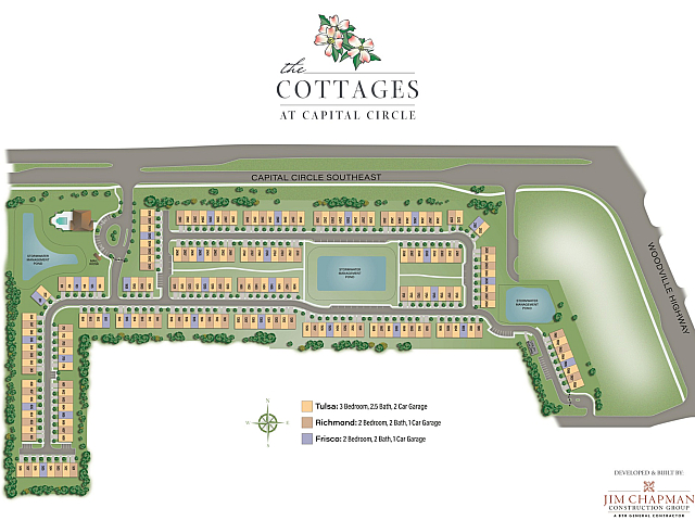 Charming neighborhood layout at The Cottages at Capital Circle, showcasing various home plans with scenic ponds and easy access roads.