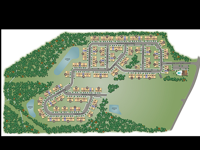 Inviting community layout with charming homes nestled amid lush greenery, featuring labeled streets and serene ponds.