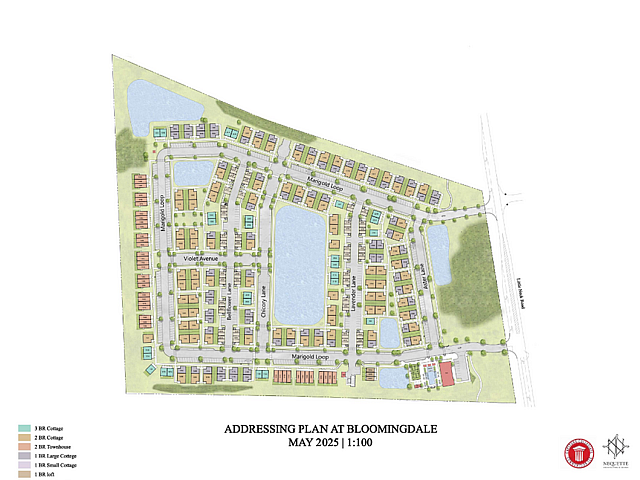 Charming Bloomingdale development plan for May 2025 showcasing diverse housing units with scenic lakes and green spaces.