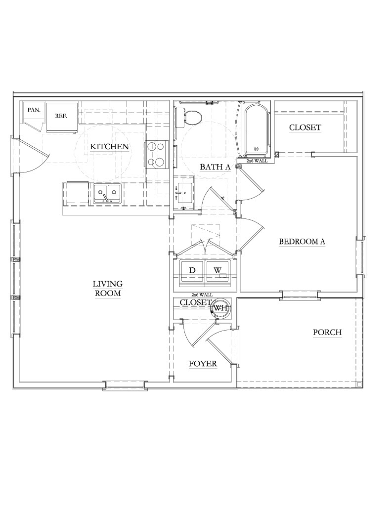 Charming floor plan showcasing a cozy 1-bedroom layout with an inviting living room, modern kitchen, spacious closet, and relaxing porch.