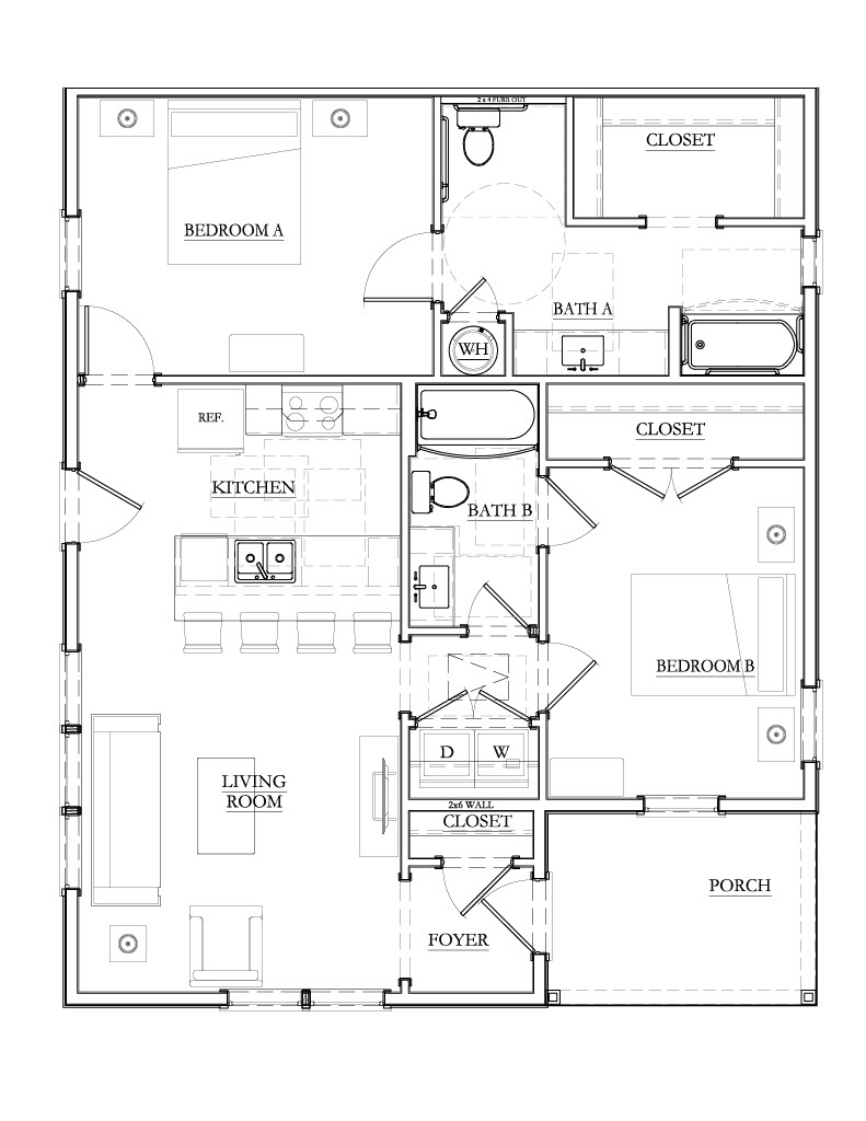 Modern apartment floor plan featuring two bedrooms, spacious living room, island kitchen, dual bathrooms, and inviting porch.