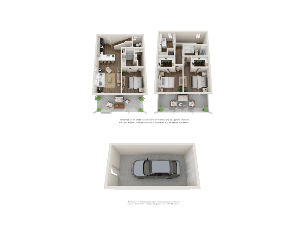 Modern two-story floor plan showcasing three spacious bedrooms, an inviting open-concept living room, and a sleek kitchen, complete with a convenient garage space.