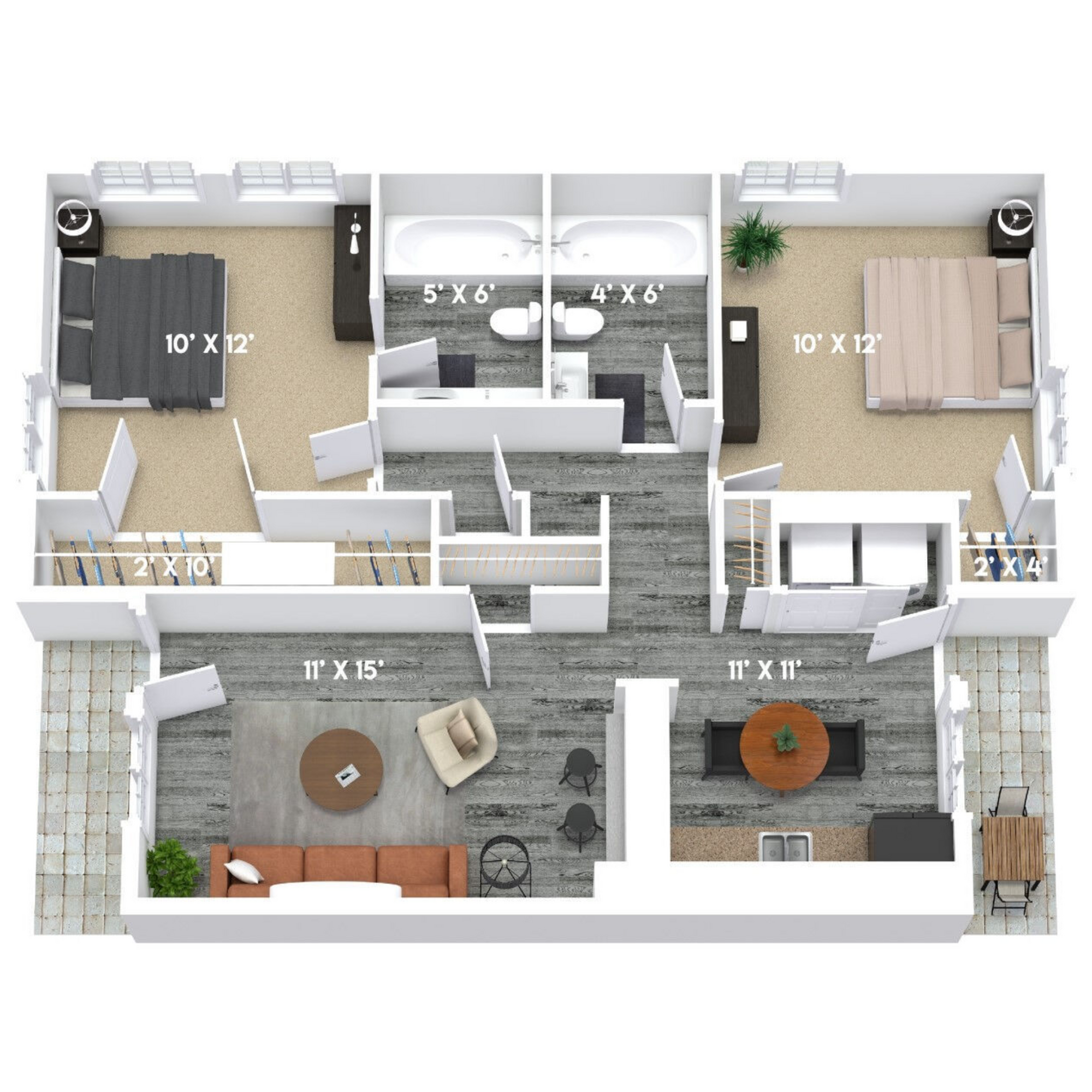 new 2x2 floorplan with dimensions