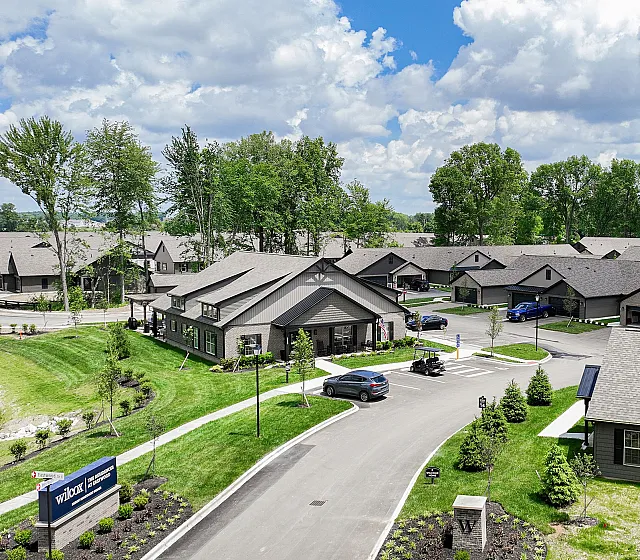 Charming aerial view of a modern residential community with lush greenery and stylish homes under a vibrant blue sky.