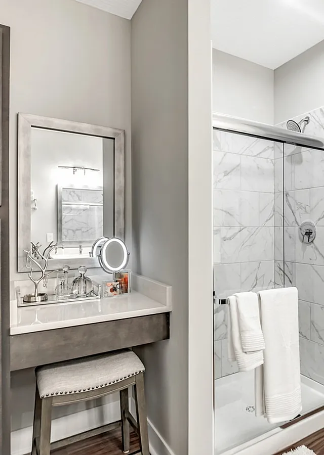 Elegant bathroom featuring a sleek vanity with illuminated mirror, modern glass-enclosed shower, and plush carpeting for a luxurious feel.