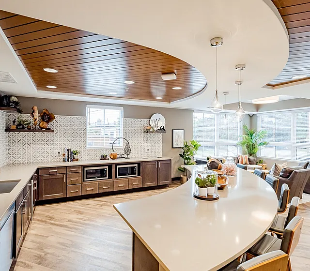 Modern and inviting communal kitchen and living area with a stylish curved island, cozy seating, and abundant natural light.