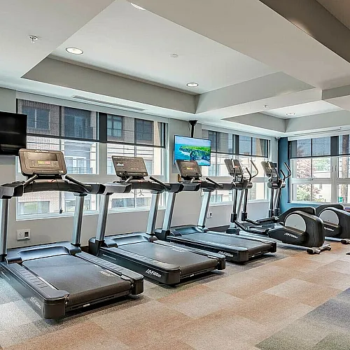 Modern apartment gym with sleek cardio machines, vibrant natural light, and comprehensive free weight area.
