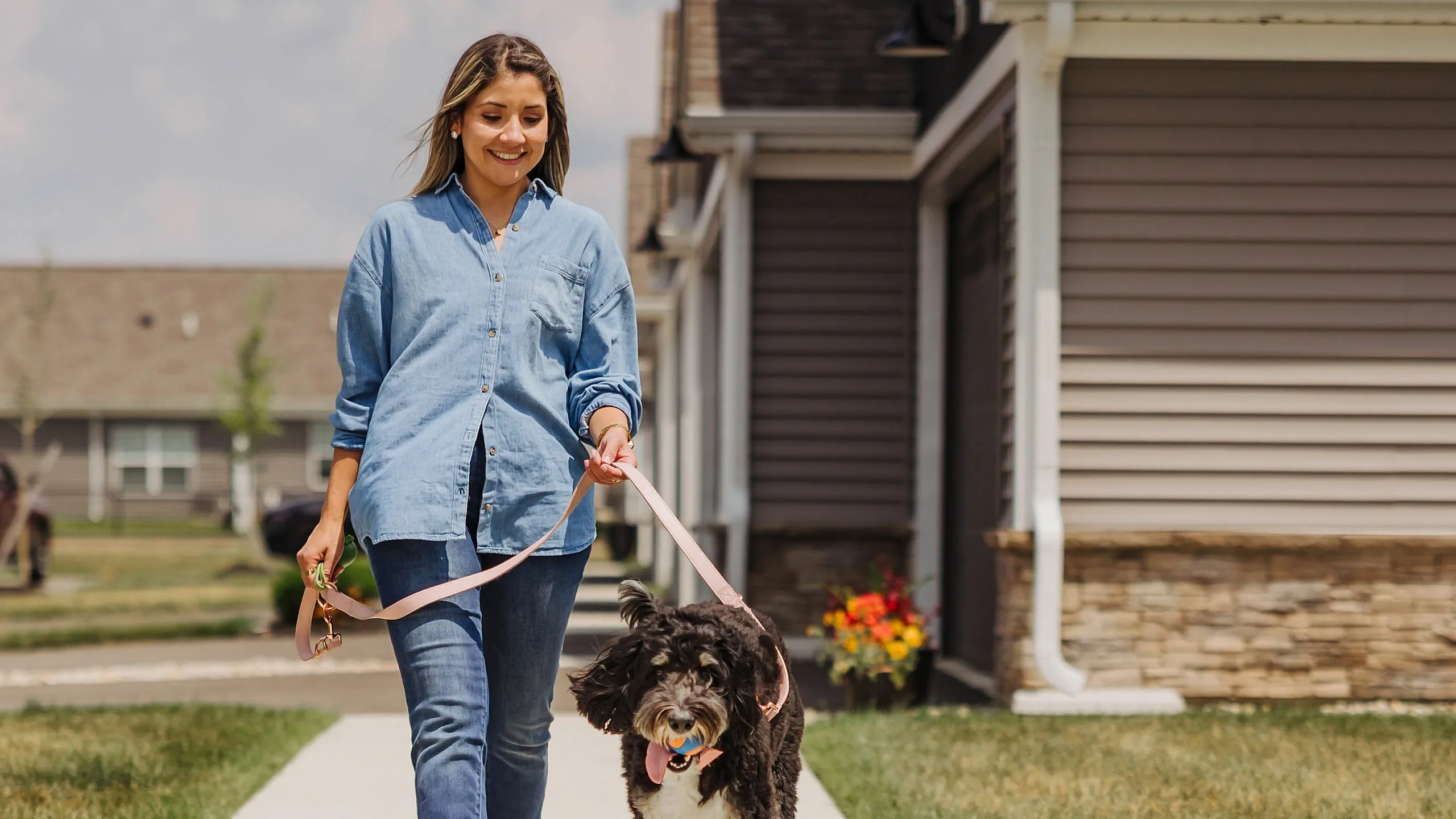 Charming neighborhood scene with a smiling person walking a happy dog on a sunny day, showcasing inviting pathways and lovely homes.