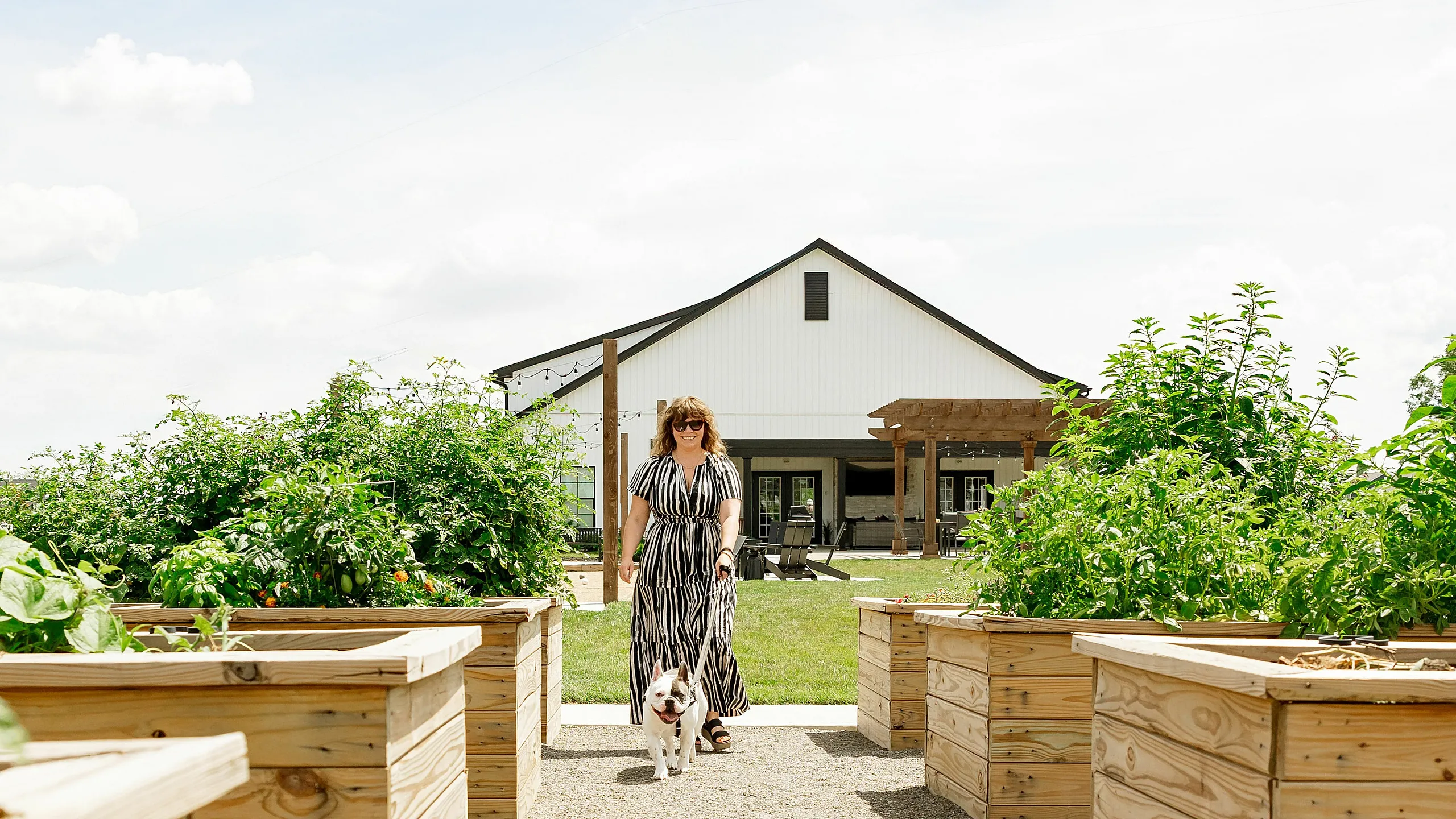 Sunny garden pathway with lush greenery leading to a charming white barn, featuring a cheerful person walking a dog.