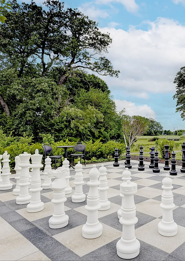 Luxurious outdoor chess set in a serene garden setting, perfect for relaxation and leisure in a lush natural environment.