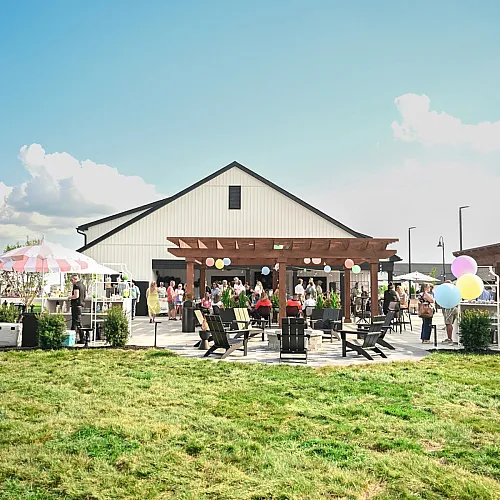 Charming outdoor event space with pergolas, colorful balloons, and vibrant gatherings under a clear sky.