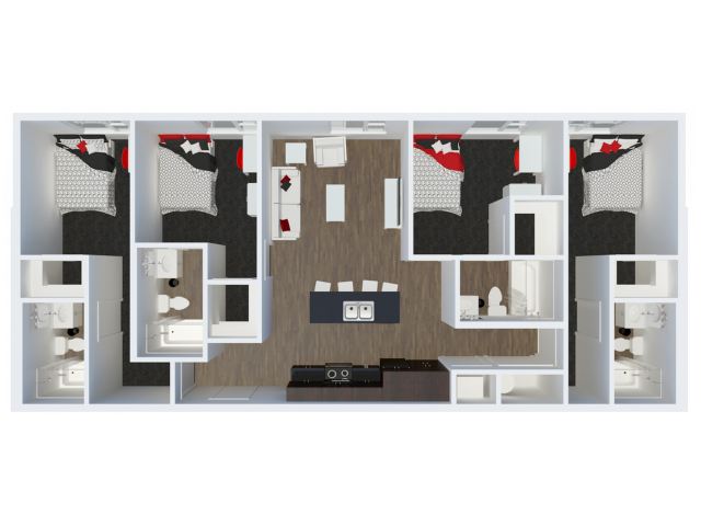D1B2 with private balcony | 4 Bdrm Floor Plan | The Cardinal at West Center | Apartments near University Of Arkansas