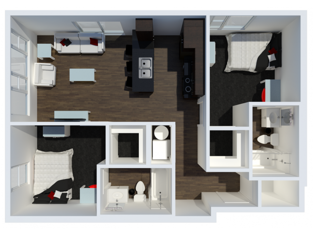 B2 Floor Plan | 2 Berm Floor Plan | The Cardinal at West Center | U of A Apartments Fayetteville AR