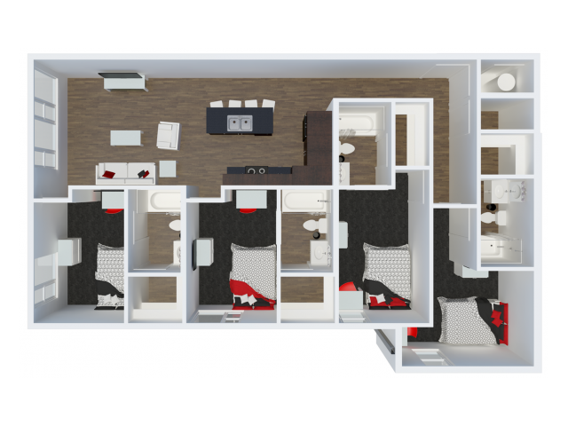 D3B2 with balcony | 4 Bdrm Floor Plan | The Cardinal at West Center | U of A Apartments Fayetteville AR