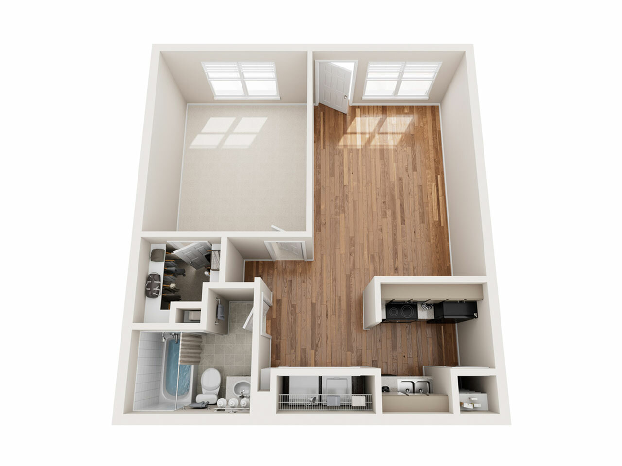 3D floor plan showcasing a single bedroom, open living space, kitchen, and bathroom.