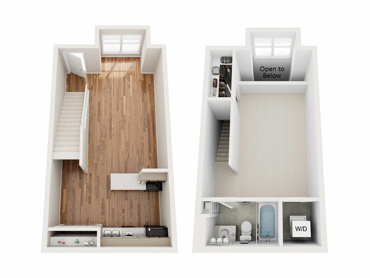 3D floor plan showing a two-level apartment with an open living area, kitchen, stylish staircase, and separate laundry room.