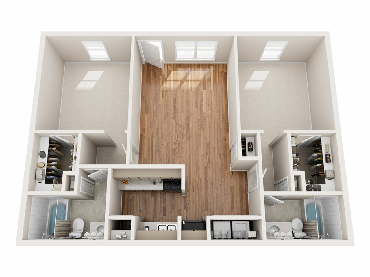 Elegant 3D floor plan with two bedrooms, a central living area, two bathrooms, and modern kitchen design.