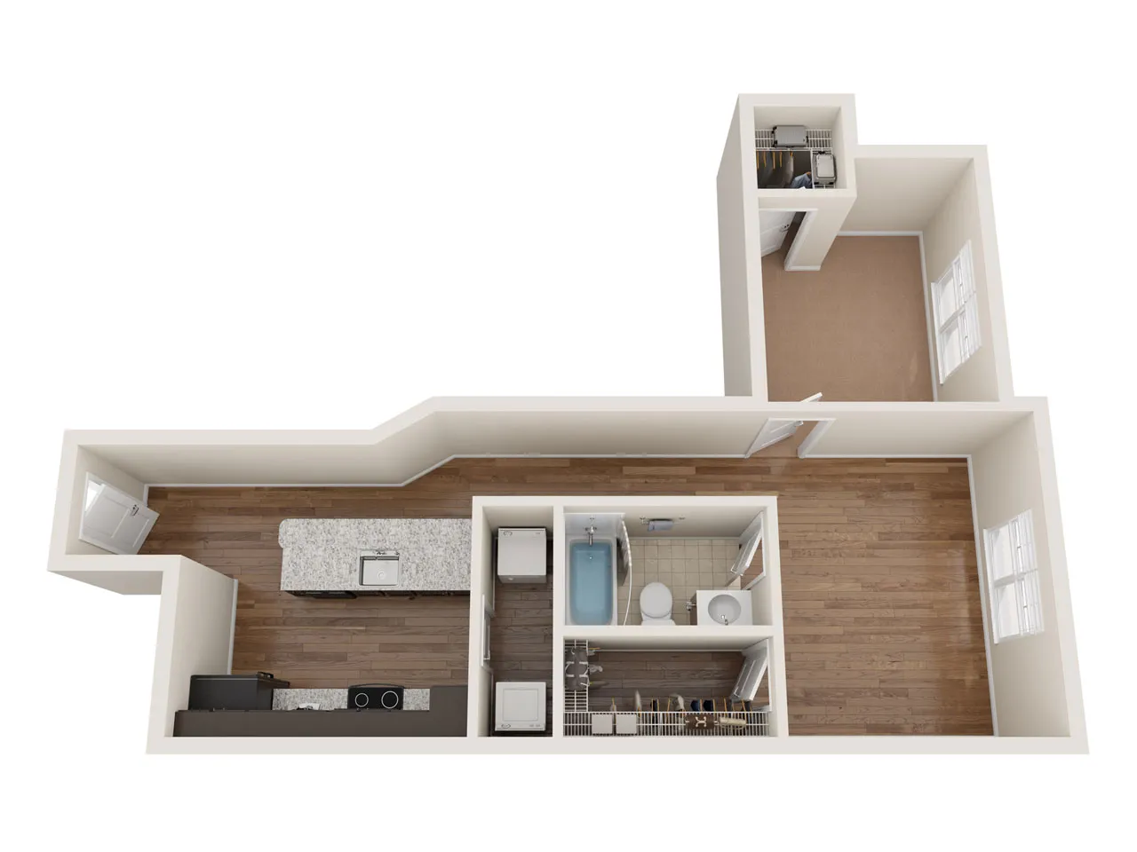 3D floor plan of a modern apartment featuring a spacious bedroom, open kitchen with island, and stylish living area.