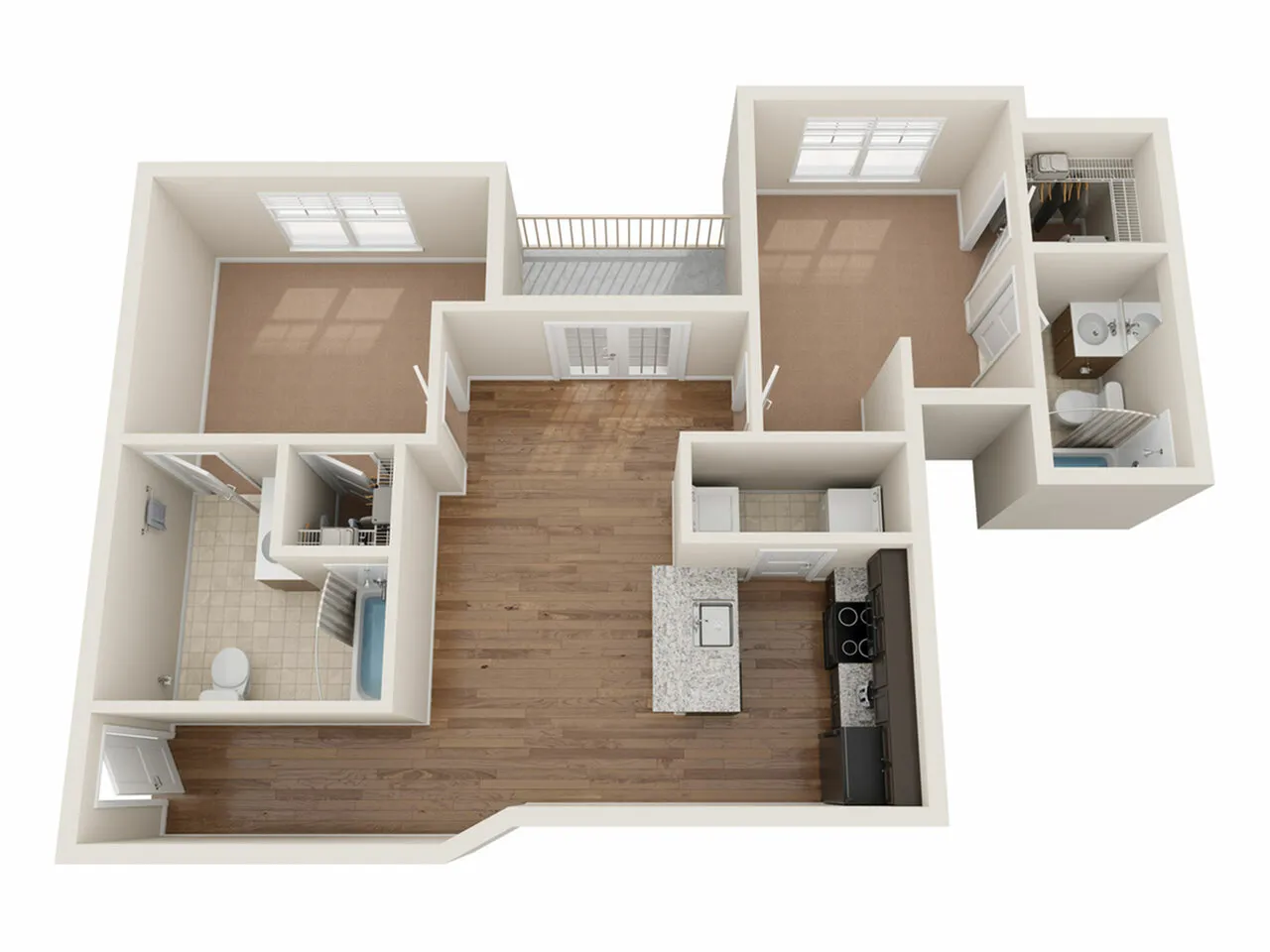 3D floor plan showcasing two bedrooms, a modern kitchen, and an open living area with wood flooring.