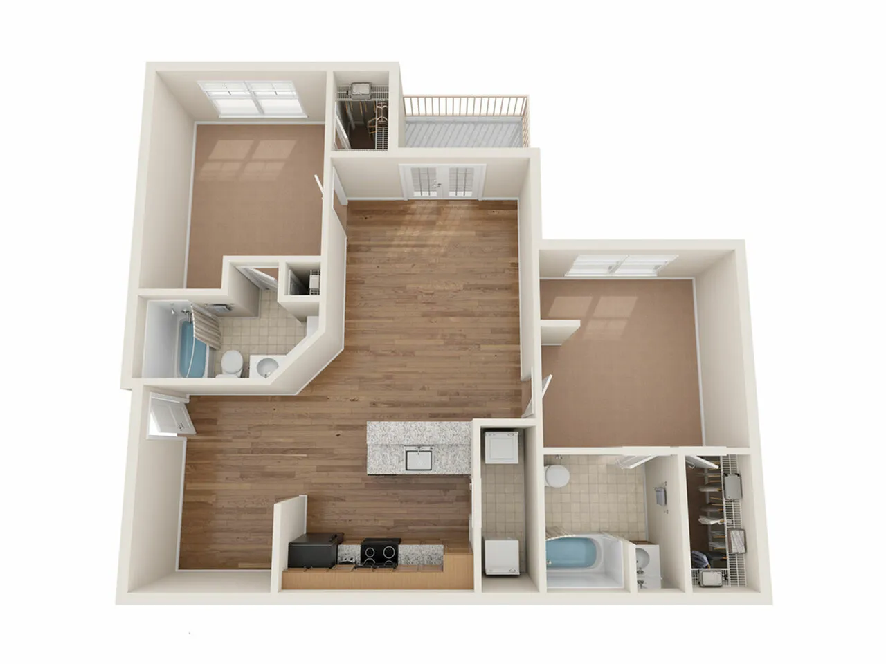 3D floor plan showcasing a two-bedroom apartment with a large living space and modern kitchen.