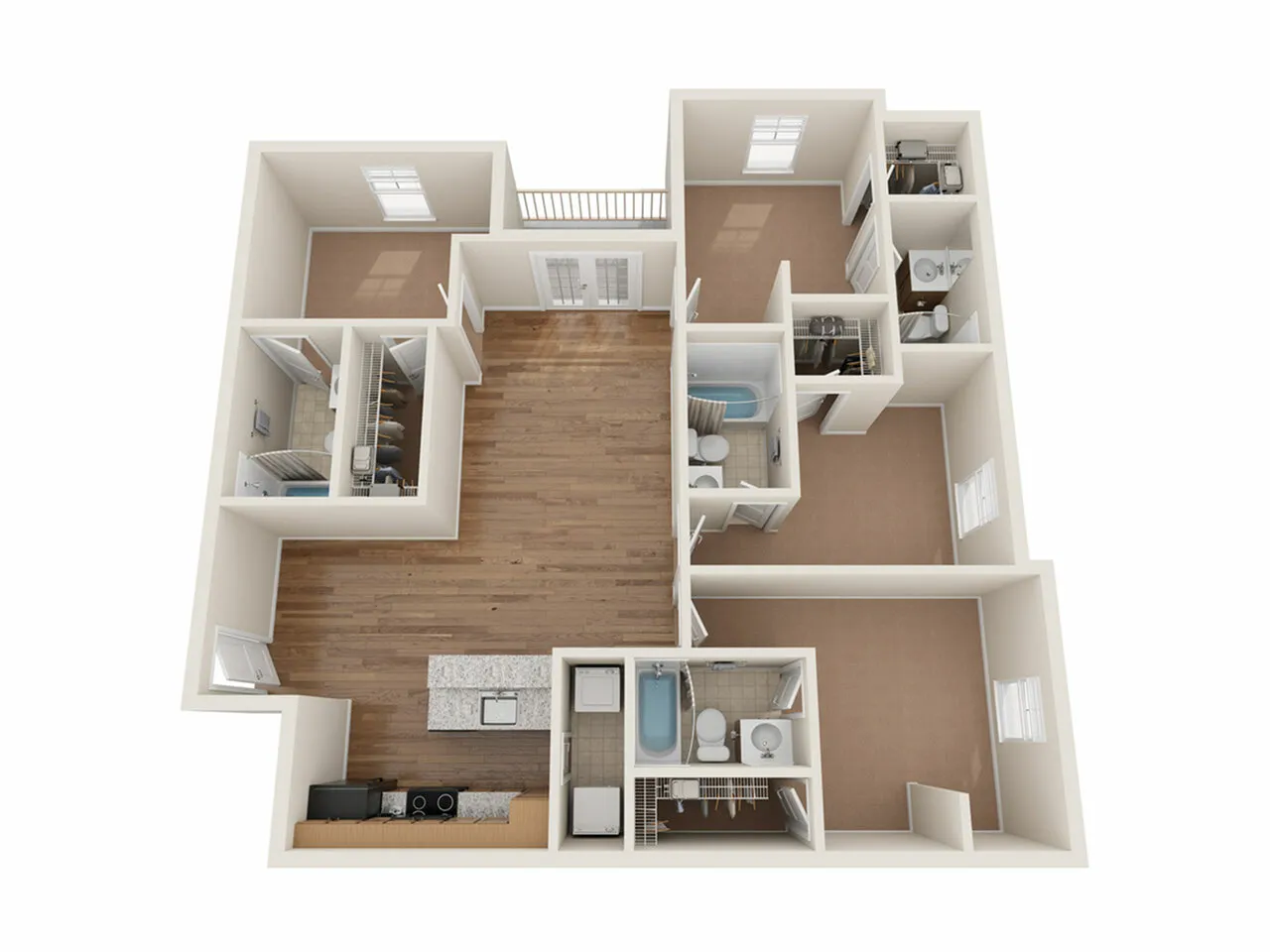 3D floor plan showcasing two bedrooms, a bright open-concept living area, modern kitchen, and two bathrooms.