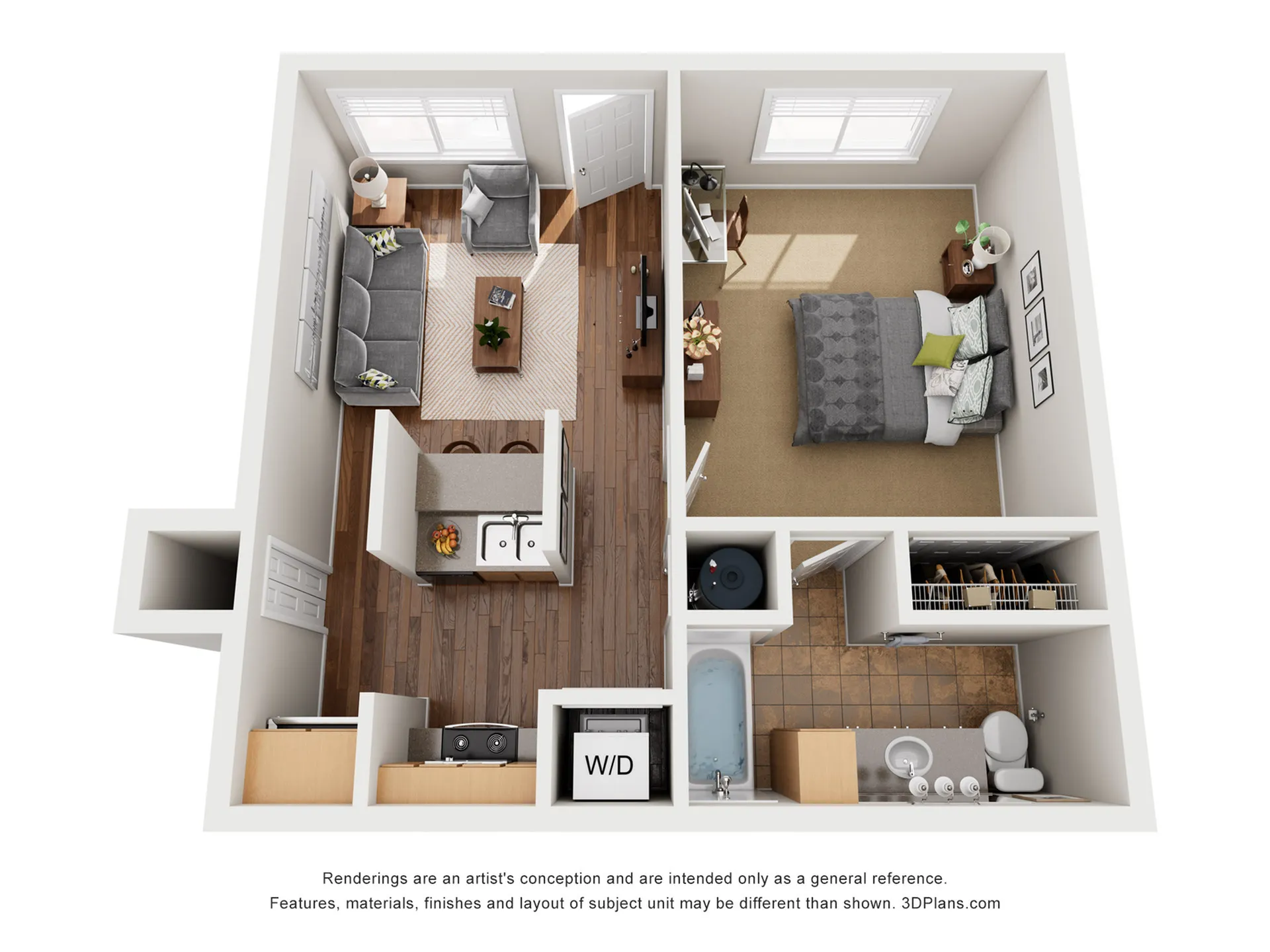 Modern 3D floor plan featuring a cozy 1-bedroom layout with an inviting living room, compact kitchen, and stylish bathroom, perfect for efficient living.