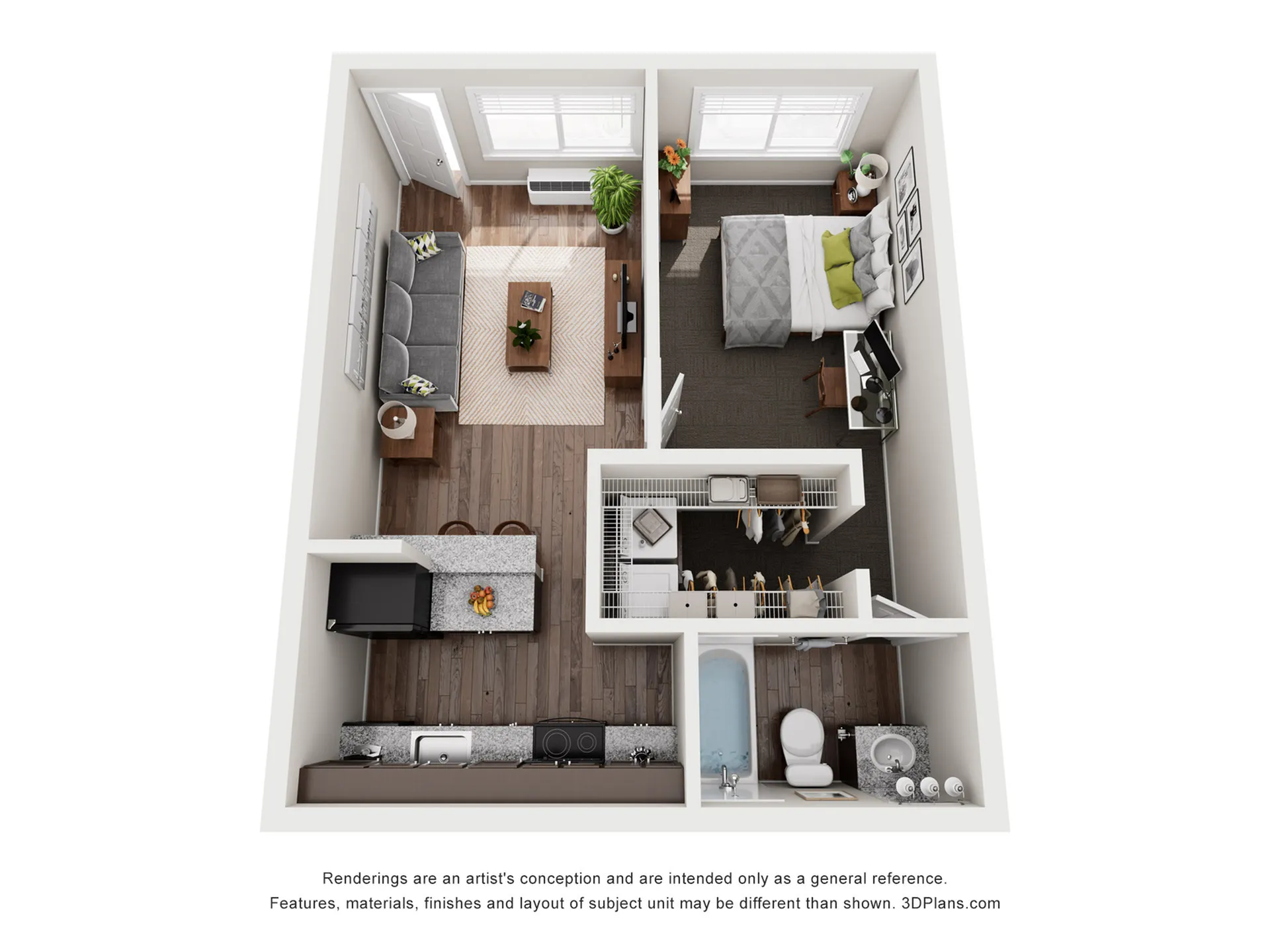Chic 3D floor plan featuring a cozy one-bedroom apartment with an open living area, modern kitchen, stylish bathroom, and inviting decor.