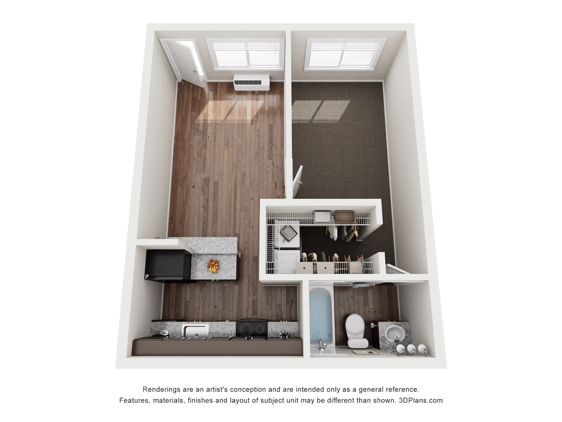 Modern 3D floor plan showcasing a cozy studio apartment with an open living area, compact kitchen, and a stylish bathroom.