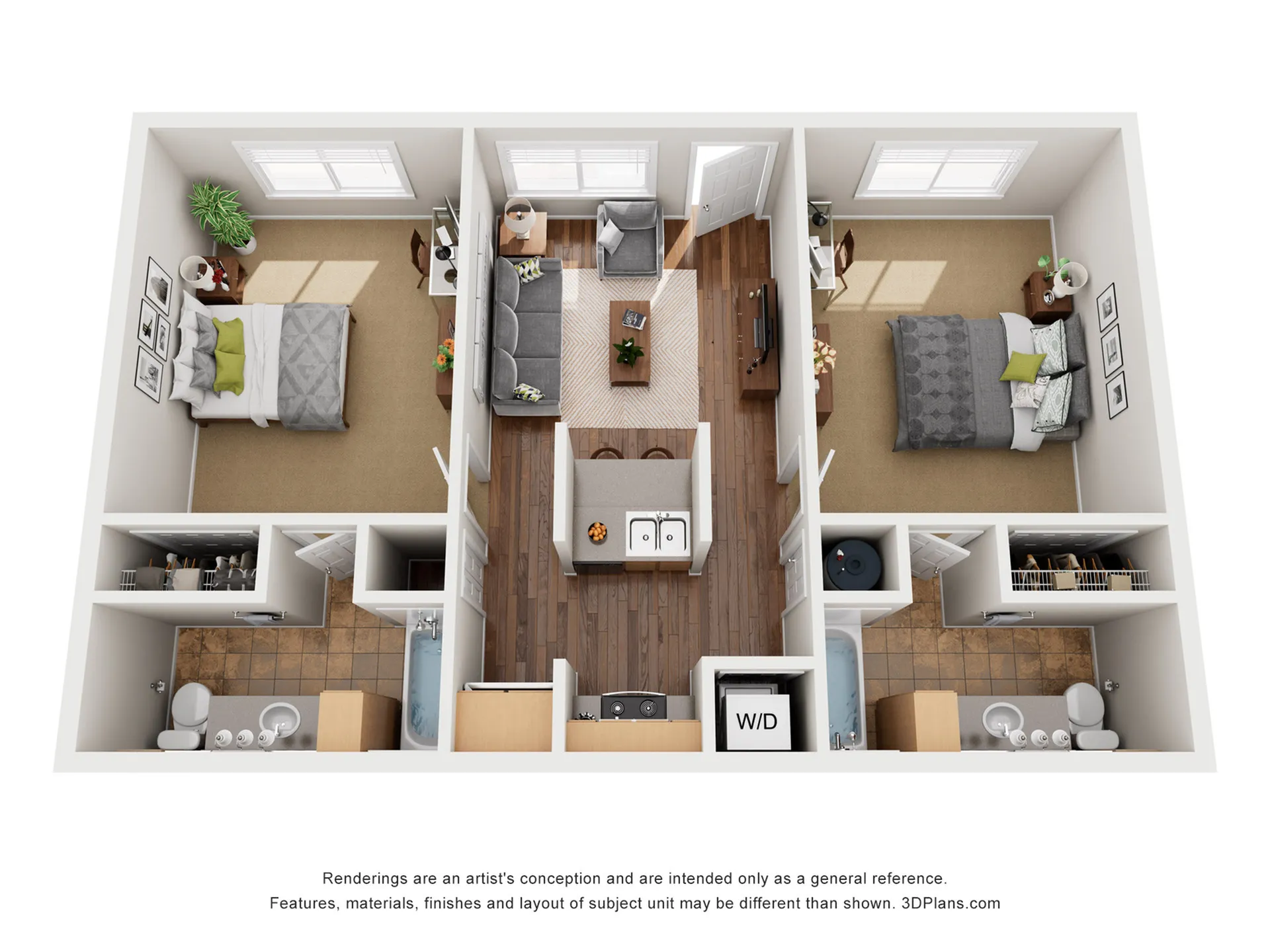Chic 3D floor plan showcasing 2 spacious bedrooms, modern open-concept living area, sleek kitchen, and dual bathrooms with convenient washer/dryer unit.
