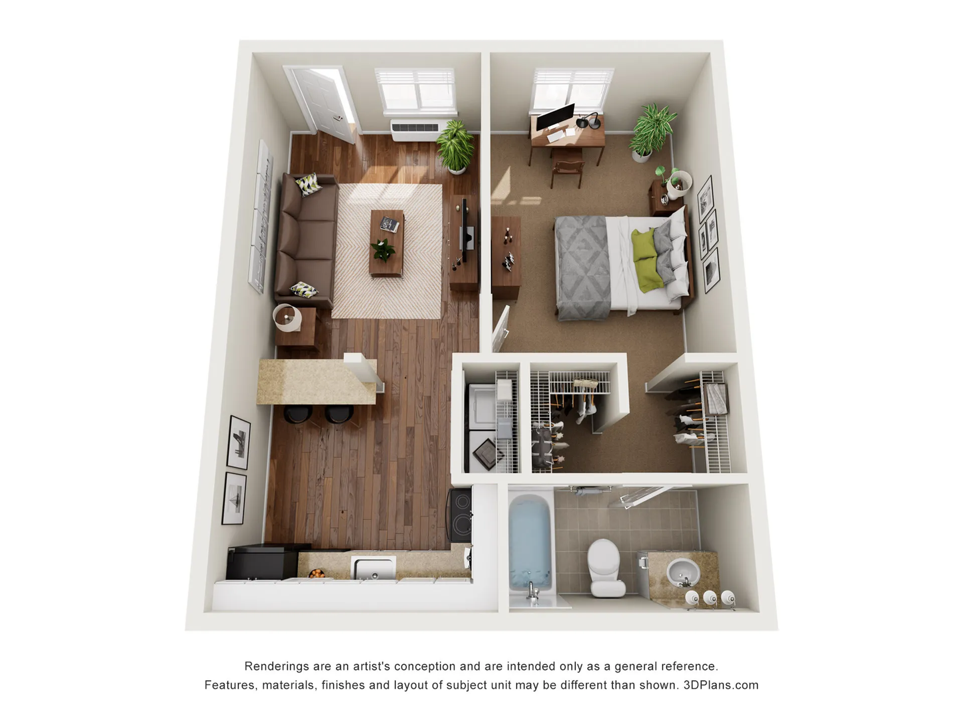 Modern 3D floor plan showcasing a cozy 1-bedroom apartment with an open-concept kitchen, inviting living area, and a spacious bathroom.