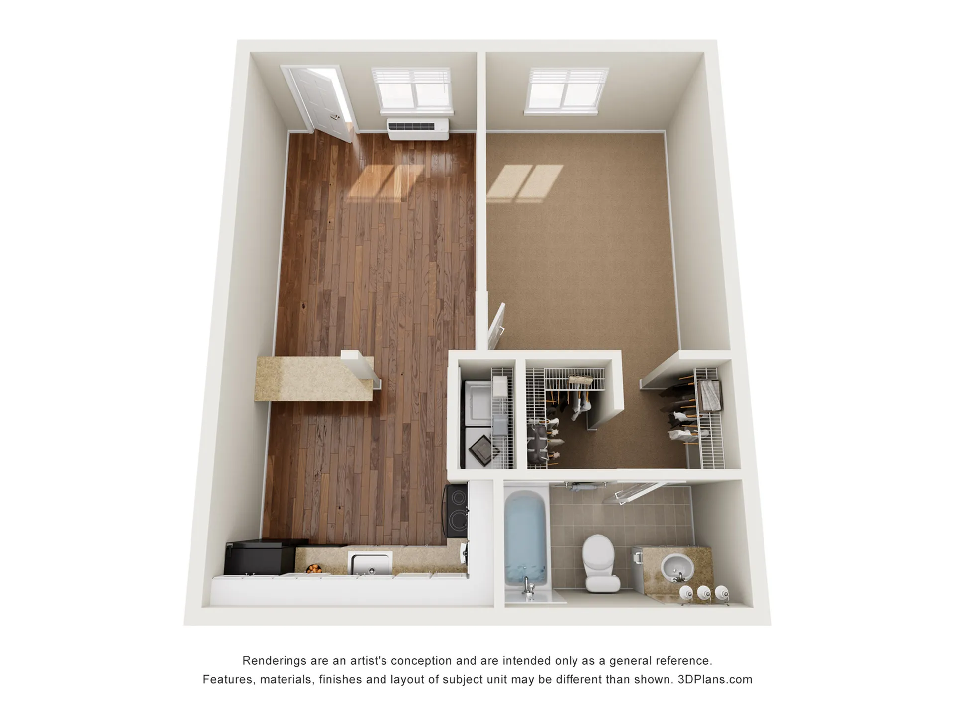 Modern 3D floor plan featuring an open-concept living area, full kitchen with island, spacious bedroom, and contemporary bathroom.
