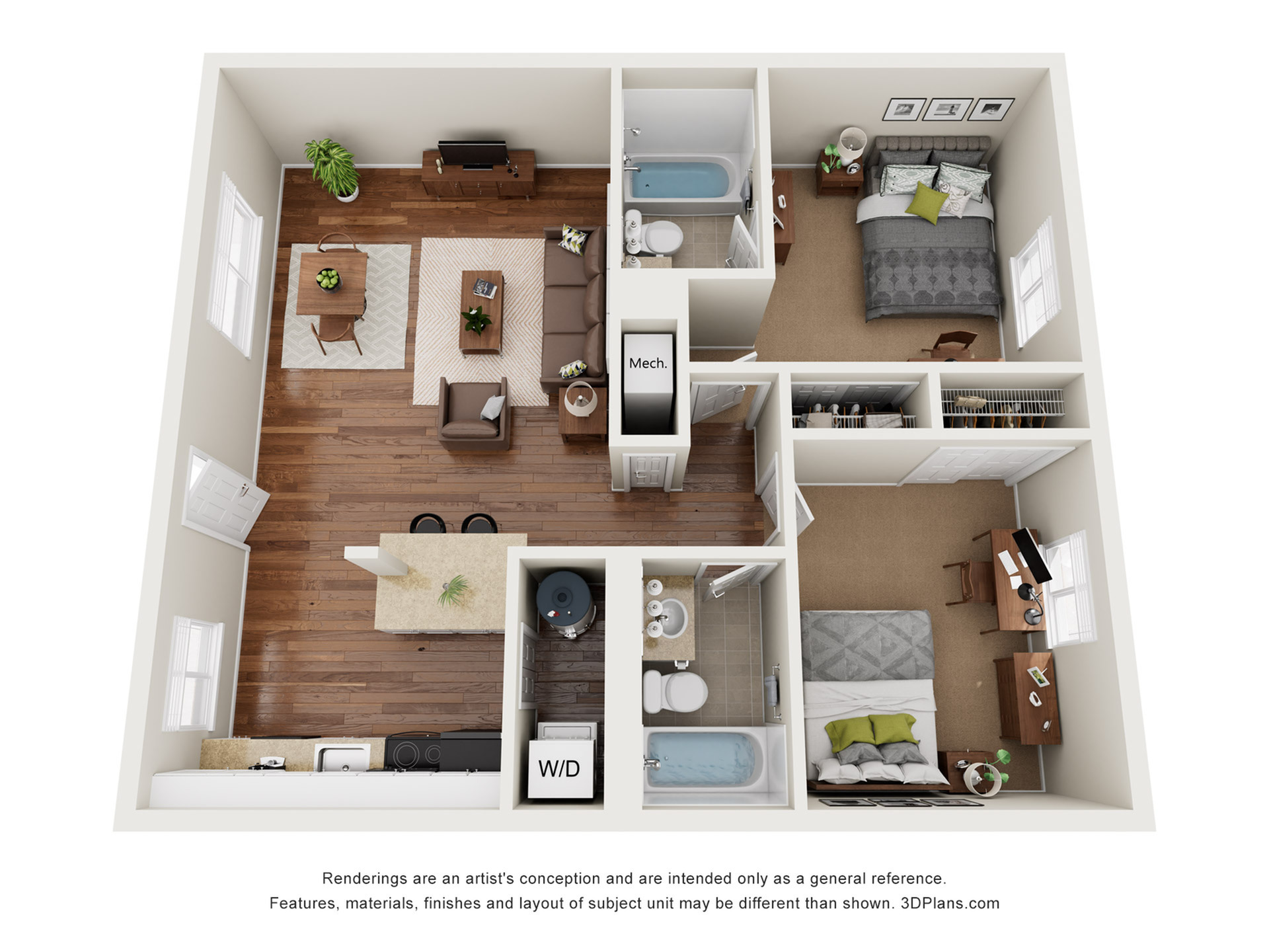 Modern 3D floor plan showcasing a cozy 2-bedroom apartment with an elegant open-plan living and dining area, sleek kitchen, and two well-appointed bathrooms.