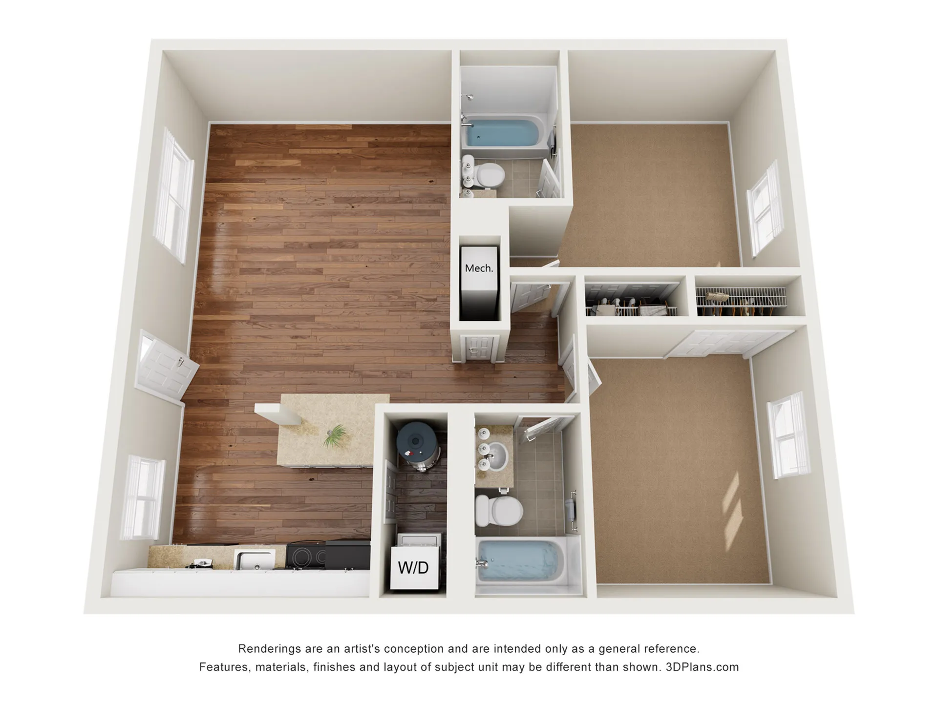 Modern 3D floor plan showcasing a cozy two-bedroom apartment with an open living area, two bathrooms, and a stylish kitchen.