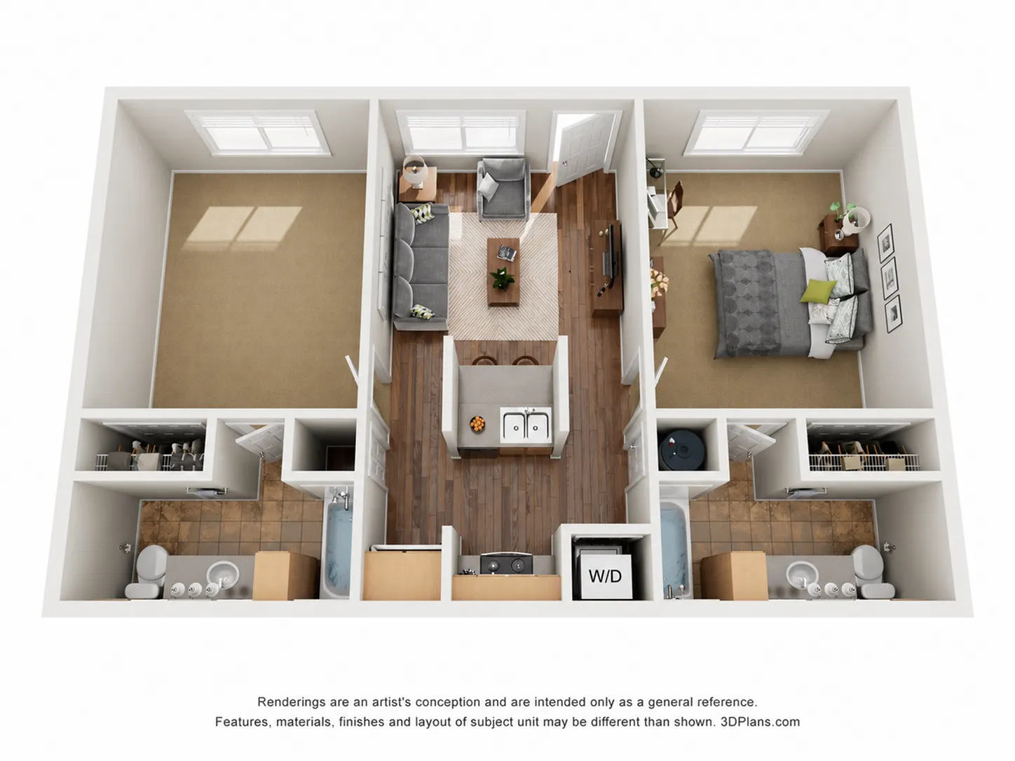 Modern 3D apartment layout showcasing a cozy living room, elegant bedroom, spacious bathroom, and efficient laundry space.