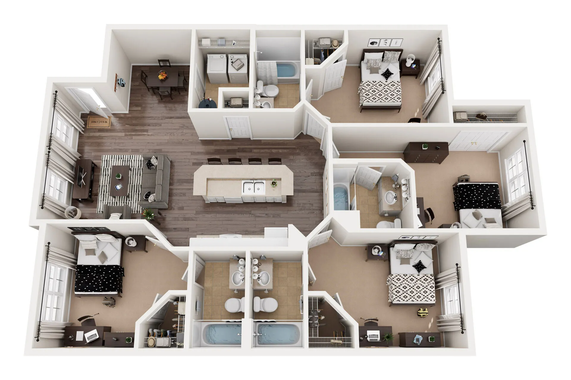 Modern 3D floor plan showcasing 3 cozy bedrooms, open-concept living and dining area, spacious kitchen with island, and two well-appointed bathrooms.